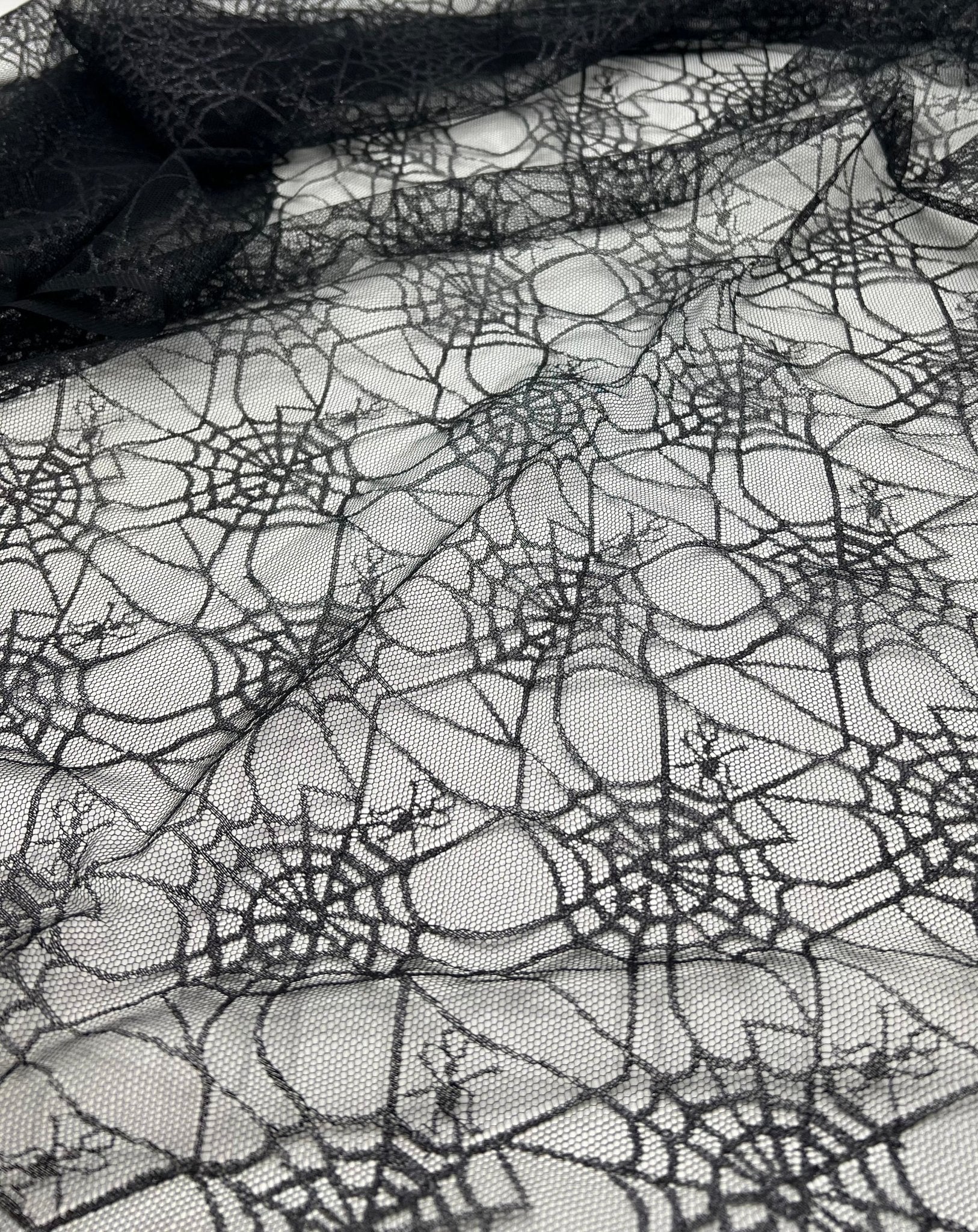 Dark Grey Black Cobweb Halloween Print Mesh Fabric Stretch - T9 Fabrics